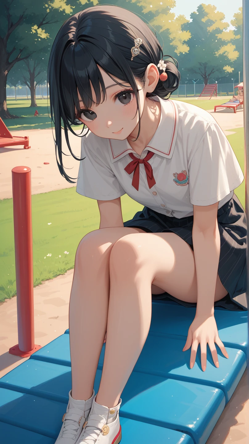 1girll, 独奏, White polo shirt, White sneakers, tennis wear, white mini-skirt, tmasterpiece, Best quality at best, realisticlying, ultra - detailed, (shiny skins, perspired:1.4), looking at viewert, with short black hair, with brown eye,slenderness,Dynamic light and shadow,A high resolution,Sharp focus,depth of fields,The eyes are delicate,Sharp pupils,pupil realistic,(Thigh thick:1.0),exteriors,Skysky