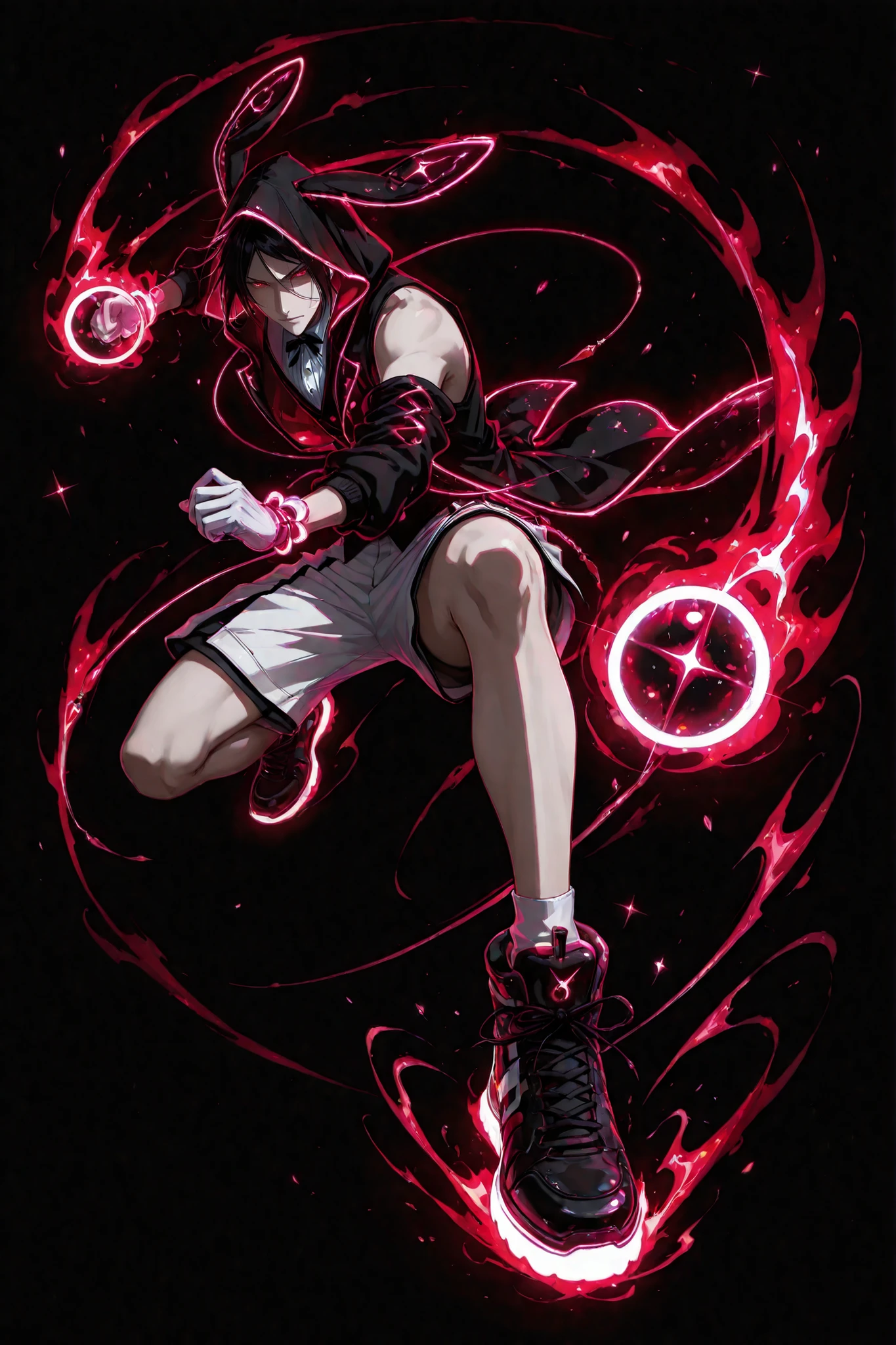 neon art, neon lineart, blue neon lineart, neon silhouette, silhouette, neon colors, glowing, glow effect, bright outlines, vibrant colors, high contrast, dark background, digital art, 1 man, adult, Sebastian Michaelis, Kuroshitsuji, solo, black hair, red eyes, handsome, sexy man, sensual, pale skin ,. nonchalant, male cool clothes, cool fashion, intricate clothes, intricate accessories, intricate patterns, cool, stylish, black top, bare shoulders,  hood, rabbit hood, hood up, hood with neon trims, white shorts, shorts with neon trims,  sneaker, black sneaker, single glove, white glove, solo, glowing eyes, looking at viewer, dynamic shot, dynamic view, dynamic composition, dynamic action pose, ((dynamic pose, foreshortening:1.3)), red aura, motion lines, action scene, motion blur, bokeh, glittering, sparkling, (((black background)))