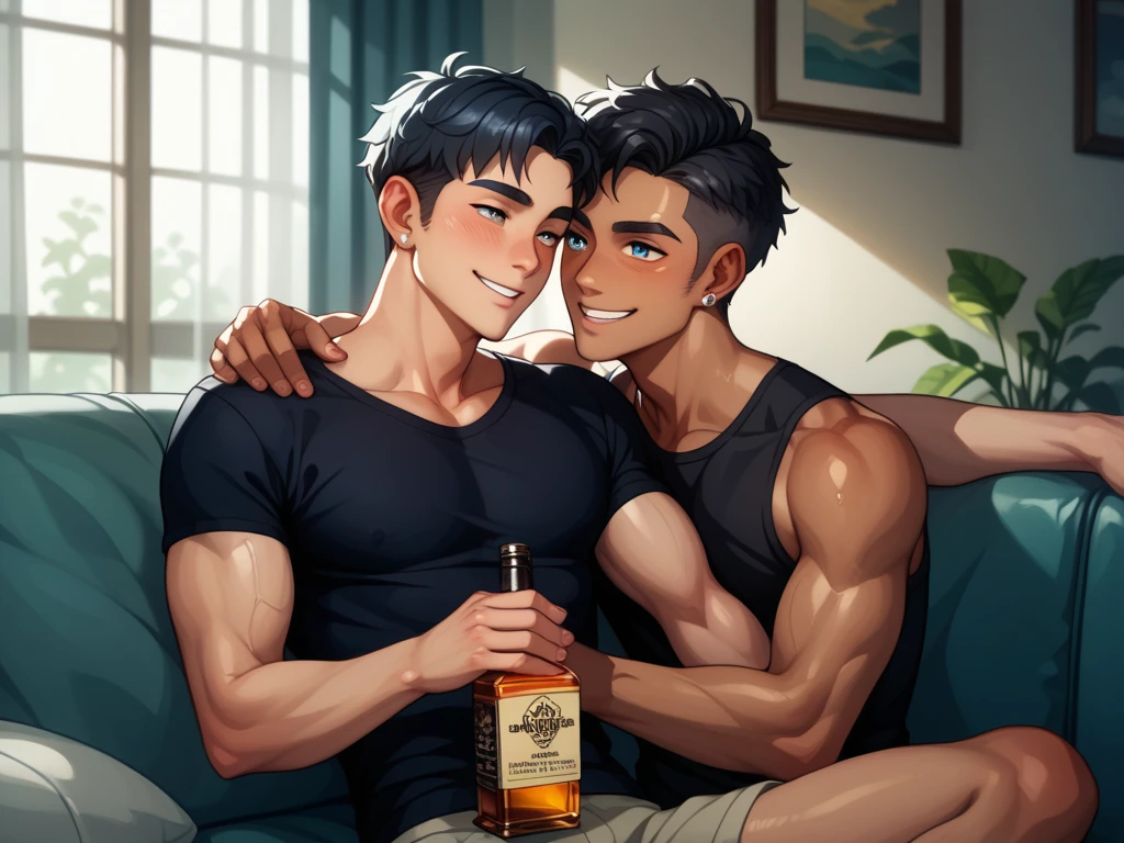 Young handsome white cute attractive man in a bar shirtless with a drink in his hand being lifted by a friend with a black hat and black clothes on his arm, carrying him to bed because his friend is already drunk 