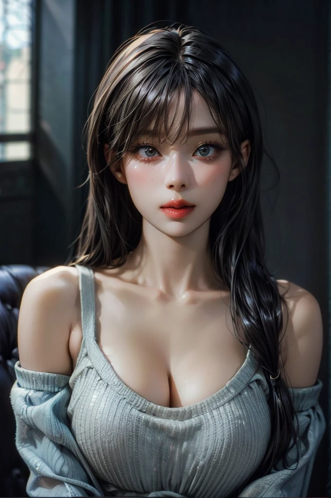 Best Quality, Masterpiece, Ultra High Resolution, (Realism: 1.4), Original Photo, 1girl, Bare Shoulder, In the Dark, Deep Shadow, Cold Light, Age Sense, (Oversized), (No Bra), (Medium and Close Range)), (Translucent Clothing)