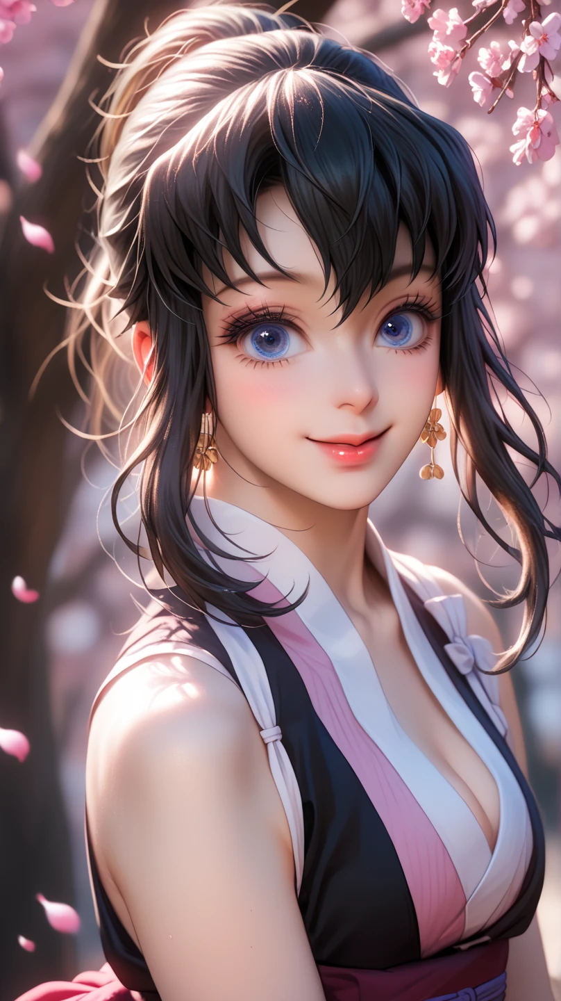 ((Highest quality)), ((masterpiece)), ((Realistic)), Standing in a tranquil Japanese garden with cherry blossoms at eye level、A girl with perfect beauty, Scenic, masterpiece, (High resolution), original, extremely detailed 8K , (photoRealistic:1.4),Perfect Face, Perfect Eyes,Symmetrical body type,smile,