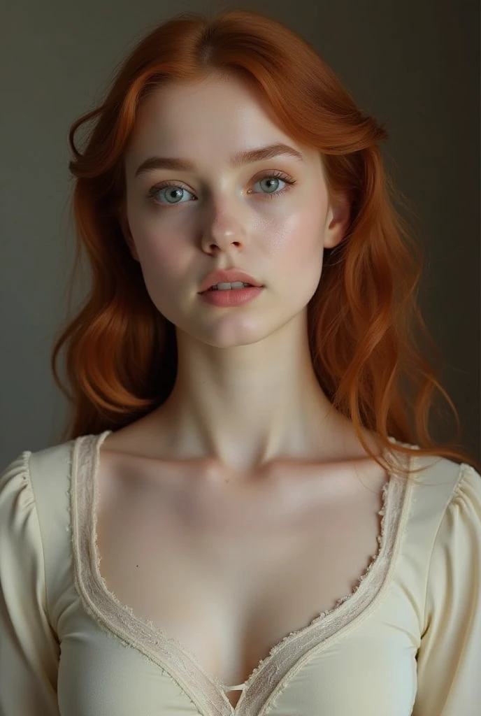 A pale 19th century young woman with stunning beauty, Hazel colored eyes and thick reddish hair and a dark red dress is evil to look at us