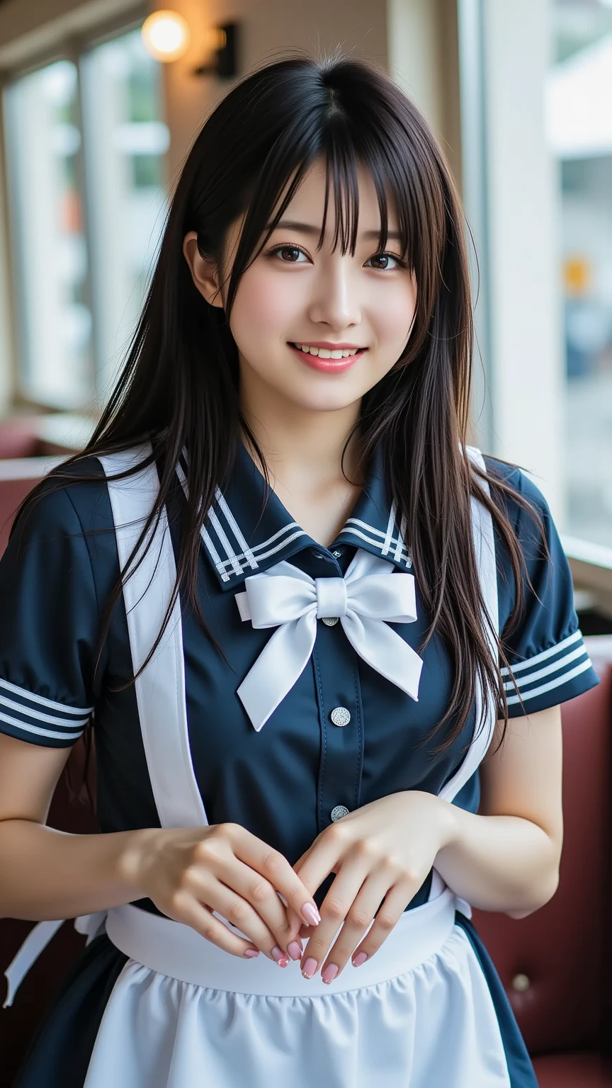 8K, Ultra-high resolution, Highest quality, masterpiece, 三分割法によるphotograph,Surreal, photograph, 1 girl, (:1.3), pretty girl, Cute face, Beautiful eyes in every detail, 細かくdetailedに,masterpiece,, One Girl:1.2, Japan Female Announcer,whole body、Black Hair、well-groomed eyebrows、Cute Lip Makeup、Calm atmosphere、A short-sleeved shiny dark sailor suit、White sailor collar、Navy blue pleated skirt、Red ribbon、White Stockings、Standing by the window of a classroom、Cute gestures、so beautiful,A carefree smile,Healing the heart,ponytail,Looking at the audience、beauty,Long neck、Laugh a little、Please close your mouth and laugh、(((Ideal body type))),A-cup small breasts :2,、Portraiture:2、Perfect Anatomy、鮮明なdetailed、detailed、Surreal、Light and shadow,Strong light
