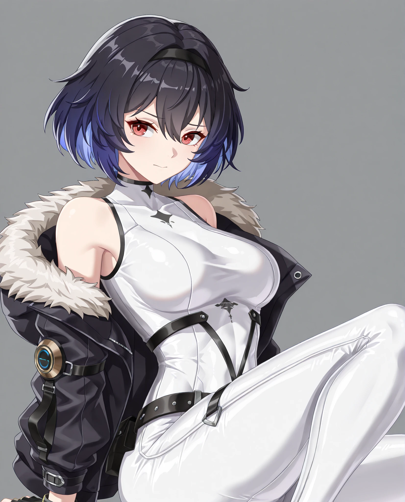style of [arknights|(748cmstyle:0 . 5)], god rays, cinematic shot,mature, adult, adult woman, masterpiece, best quality, amazing quality, very aesthetic, high resolution, ultra-detailed, absurdres,
1girl, solo, upper body focus, side eye, medium shot, side shot, angled shot, (dynamic pose, action shot:1.4), SelVel, Fol001, Sel_Def, short hair, seele vollerei, black hair, blue hair, colored inner, fingerless gloves,fur trimmed jacket, white bodysuit
 