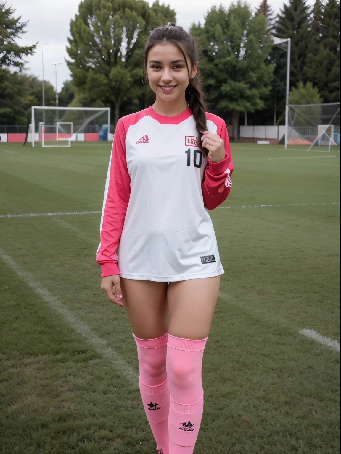 naked woman on soccer field with open legs covered in semen