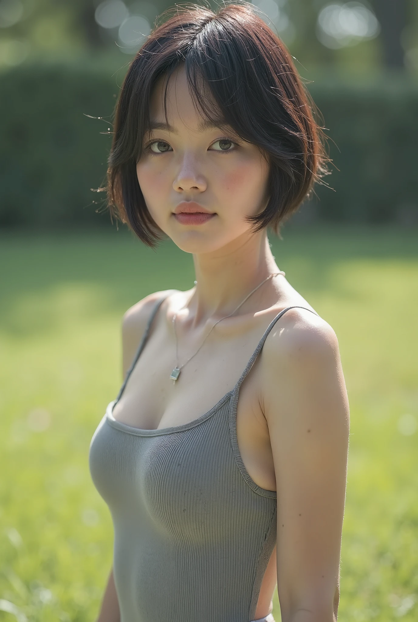 (Best quality, 8k, 32k, Masterpiece, UHD:1.2),Photo of Pretty Japanese woman,black short hair,beauty face,(leaning forward:1.3),squatting,(from above:1.2),(close up:1.4),pov,loose t-shirt,large breasts,(beautiful nipple slip:0.9),outdoors,windy,shiny skin,blurry background,