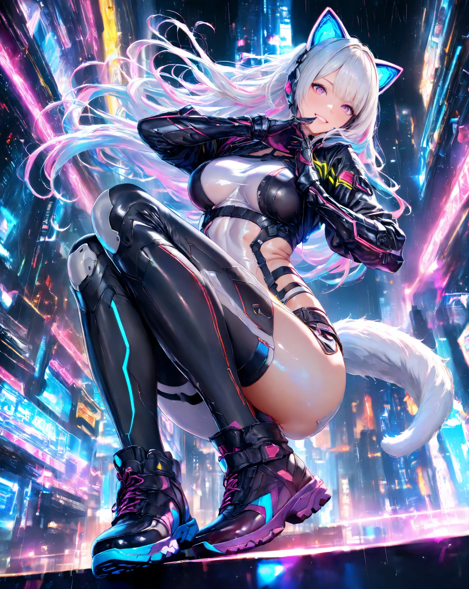(Cool policewoman.Well-formed face.Tall.A very muscular, thin body.Beautiful six pack abs.Big eyes.Beautiful blue eyes.White Hair.Boyish medium-long hair with a center part.I can see your forehead.Heavy eye makeup.Dark lipstick.Tight waist.Very large breasts.Very large breastsの谷間.Beautiful pale pink areola.Firm skin).(A small, see-through white leotard.Nipples are visible.Black leather boots with lots of belts.Cat Ears).(Skyscraper rooftop.Futuristic City.Late Night.I can see the city at night.sitting on a marble chair.With legs apart.My hair is blowing in the wind.Smiling thinly.Sticking out tongue)Perfect Face.Accurate human body.Accurate 5 fingers.High resolution.Full body image