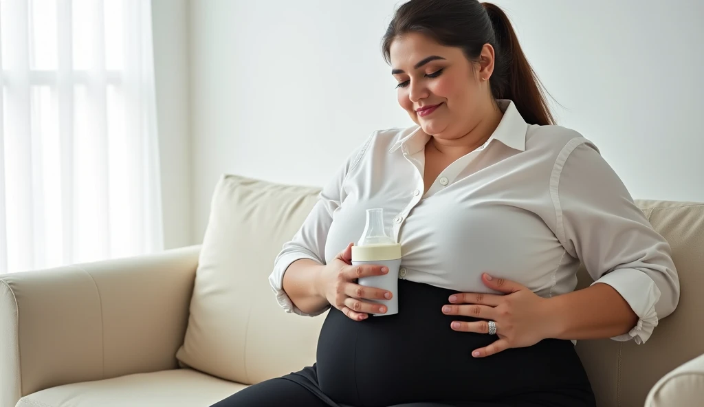 Pregnant woman eating a sandwich in yoga clothes sitting on a chair
