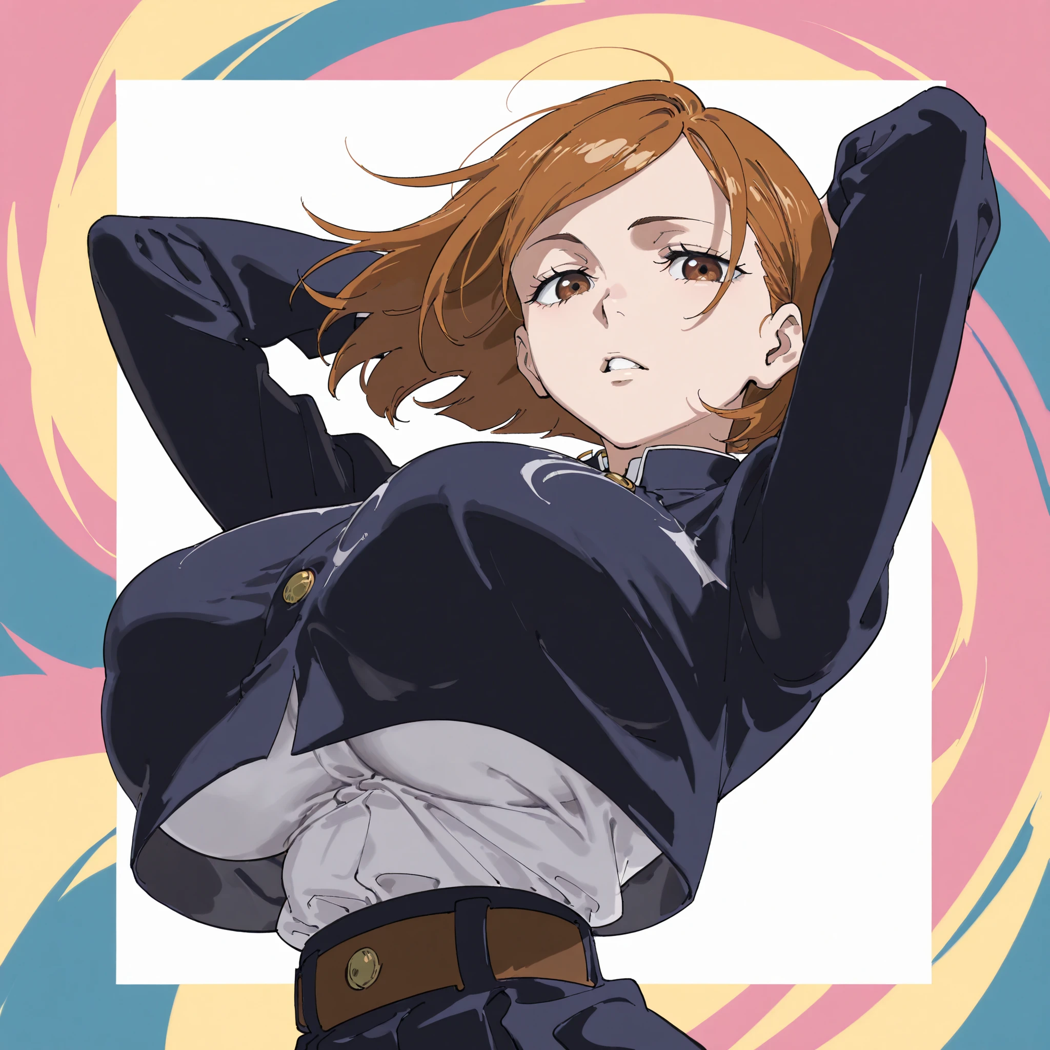 ((close-up)),outside border,(kugisaki nobara,jujutsu kaisen,painterly,colorful, cel shading,anime coloring,high detail,highly detailed,game cg,kan liu (666k)),{artstyle: iwao178,nia4294,Yoneyama Mai,zenless zone zero,professional artist,detailed anatomy},masterpiece, best quality,(young girl,1girl,solo), huge breasts,, perky breasts, small waist,narrow waist,slim body, tall body, simple background, golden ratio composition, floating hair,wind, looking at viewer, eye focus,parted lips,jujutsu tech uniform, breast curtain, arms behind head,