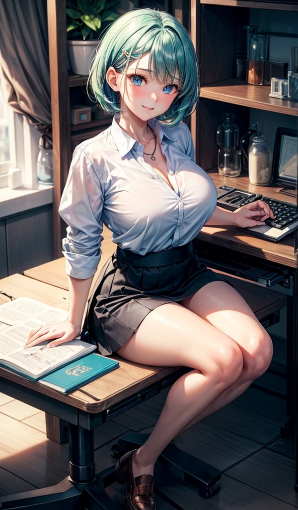 beautiful detailed eyes, beautiful detailed lips, extremely detailed eyes and face, longeyelashes, 1girl, Sakura Haruno, pink hair, long hair, green eyes, blue skirt, white shirt, cleavage, sexy, high heels, in a work environment, (best quality,4k,8k,highres,masterpiece:1.2),ultra-detailed,(realistic,photorealistic,photo-realistic:1.37), vibrant colors, natural lighting, office, intricate details