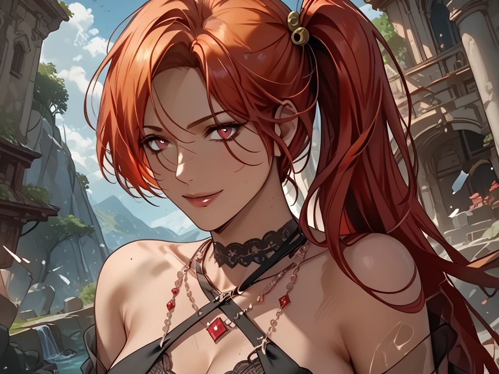 (photo of female citizen:1.3) 1girl, solo, small breasts, looking at viewer, smile, hair ornament, cleavage, dress, bare shoulders, jewelry, collarbone, upper body, red hair, flower, teeth, solo focus, hair flower, necklace, blurry, strapless, tattoo, depth of field, blurry background, (realistic:1.3) crowd, (in a medieval tavern:1.1), 8k, cinematic, fantasy