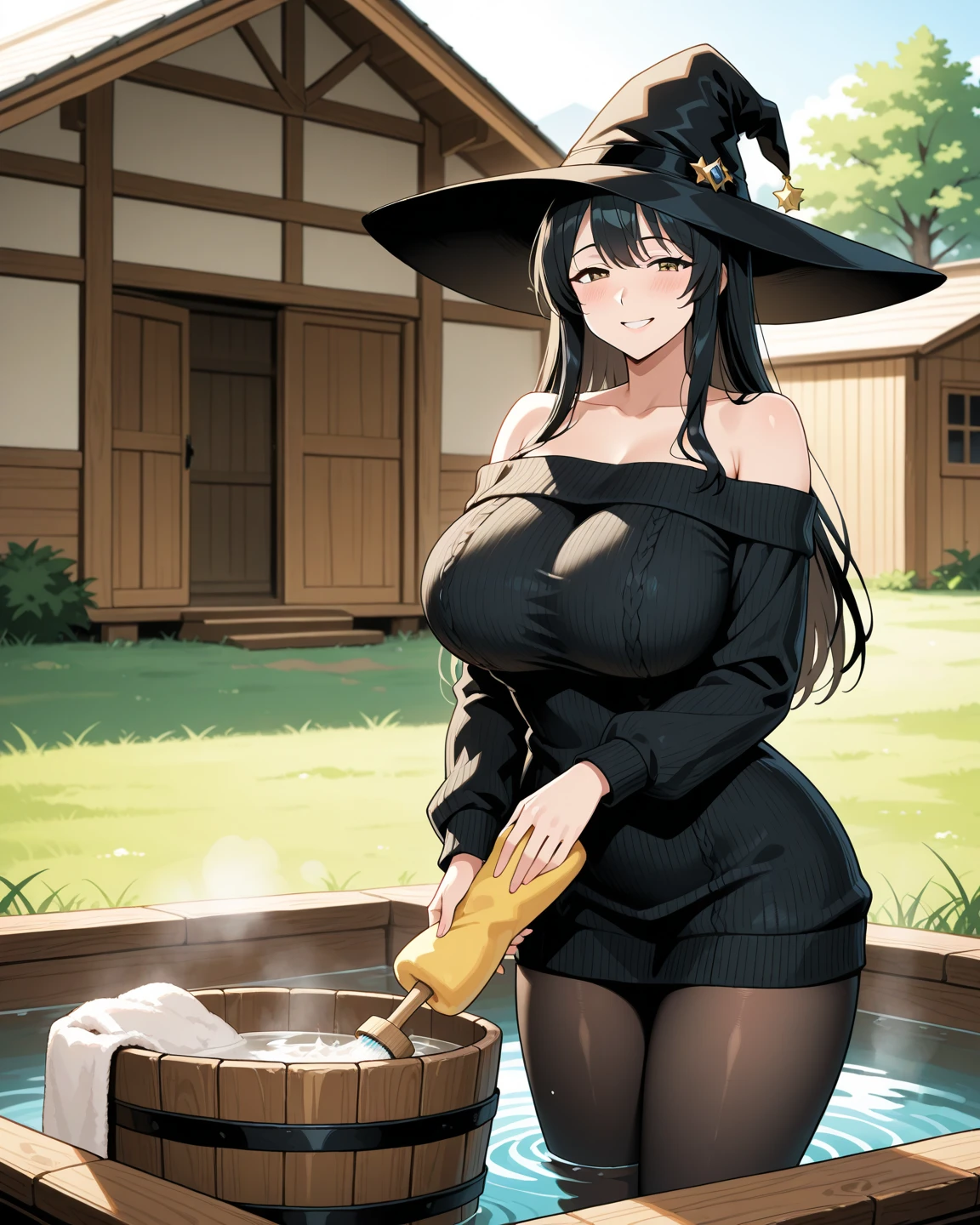 (masterpiece, best quality:1.2),illustration,8k,hd,1girl,solo,long_hair,smile,breasts,cleavage,bangs,purple_eyes,grey_hair,teeth,grin,black_headwear,witch_hat,sharp_teeth,sidelocks,black_thighhighs,long_sleeves,purple_dress,cleavage_cutout,clothing_cutout,wide_sleeves,white boots,<lora:WitchGirl Bubble-V1:0.9>,