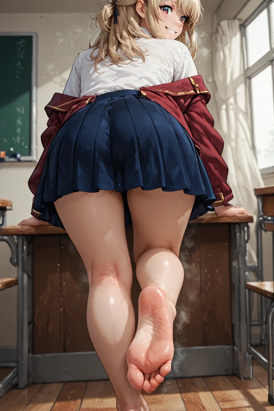 summer、Empty classroom、thick、Sweat、、high school girl、Student Bags、、Low length、(((((Eyes hidden by long bangs)))))、(((Long black hair:1.2 hair band)))(((Black-rimmed glasses:1.2 black eye)))、Backlight、evening、Nostalgic atmosphere、Look at this、High position、Full Body Shot、glamorous、Checked mini skirt、Navy knit vest、Are standing、High-tech sneakers、Skirt Lift、Flip up your skirt with both hands、avert your eyes、View from below、Looking down、(No underwear、Pubic hair is visible)、high resolution、Detailed art style、Inner thighs、Stylish