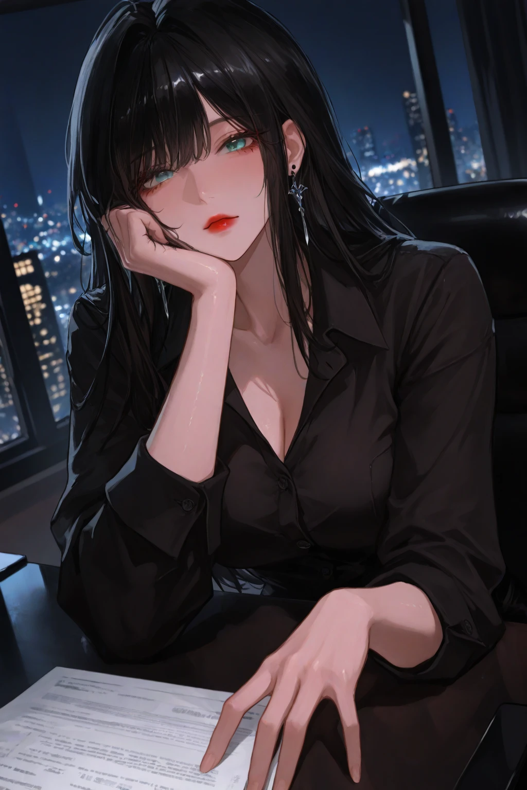NSFW, LWRD, In a dimly lit office, Governor Rottenmeier, a stunning 35-year-old femme fatale, sits confidently at her table, exuding an aura of mystery and menace. Her athletic physique is showcased by the tight black coat and mini skirt, while her perfectly beautiful body glows under the soft light. A sly smile plays on her lips as she brandishes a sharp, lustrous black karambit knife, its edge glinting menacingly in the faint glow. Her short black hair frames her detailed face, with intense blue eyes and arched eyebrows that seem to pierce through the darkness. The air is thick with a sense of foreboding as she gazes seductively at him with lewd eyes that hide a murderous intent, her dark red lipstick glistening like a siren's call.