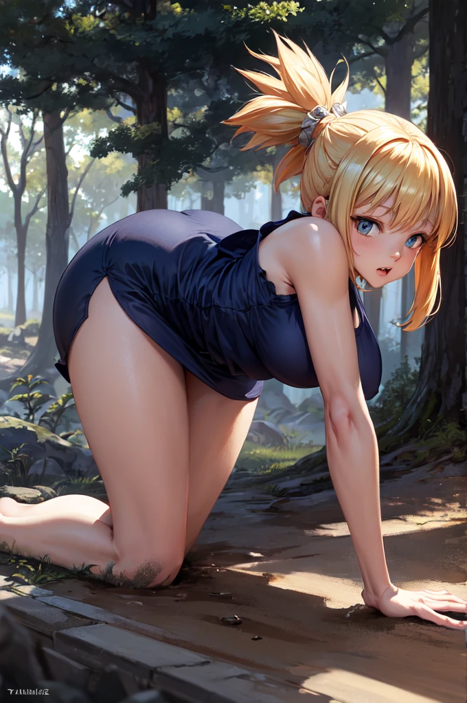 solo person，Yellow hair，Pink eyes，pony tails，Big breasts and huge buttocks，picture-perfect face，a white bikini，Suspender white stockings，Clean face，Sit on grass，Face away from the camera，your hips