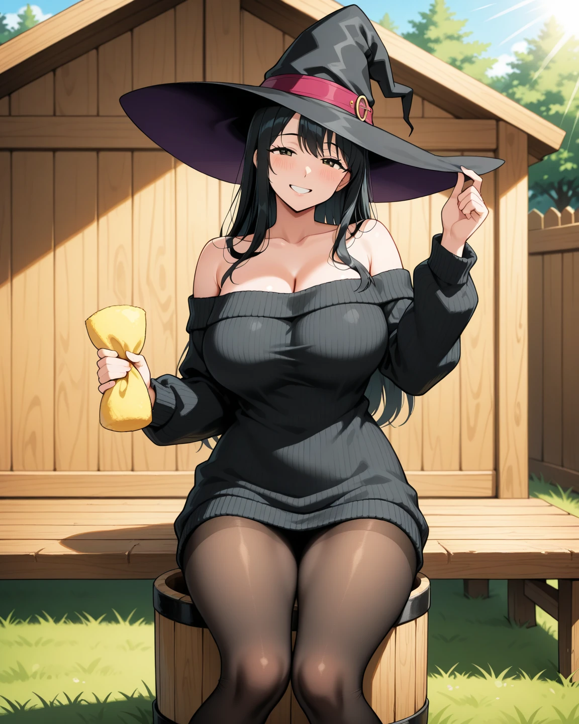 beautiful witch female, With short black hair, Purple eyes, Big Bust, Dressed witch's clothes, Sitting in a tavern and smiling, Realistic, Full-HD, Best Quality、ultra gigantic tits