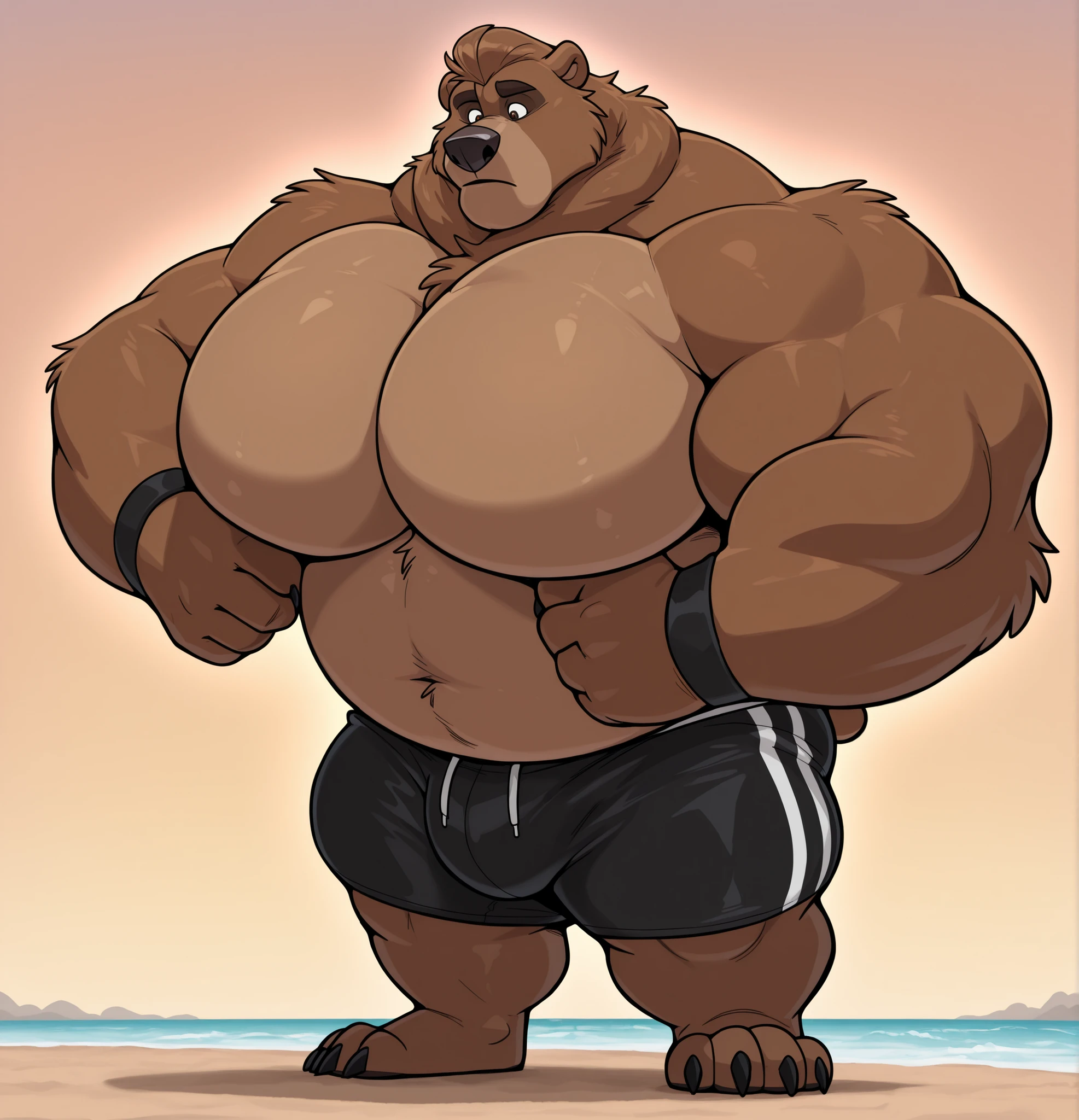 Huge muscular old Grizzly Bear standing, thick arms, thick pectoral, thick mustache, huge bulge, black competitive briefs, speedo, thick brown fur, white background 
