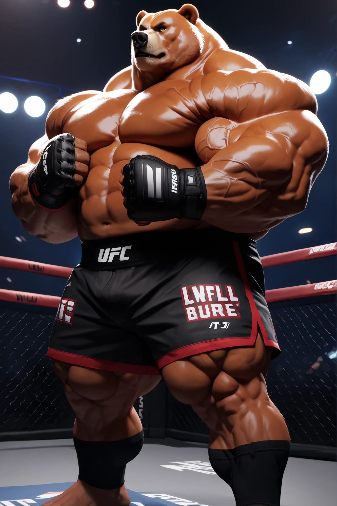 bull:
The bull is portrayed in a realistic and imposing way, with a muscular physique and a confident posture. The bull's skin is a natural tone, like brown or black, with texture details to show the realism of hair and muscles.
boxing gloves:
The bull is wearing a pair of red boxing gloves. Gloves should be realistic and appear to fit snugly over the bull's front legs.. Details such as seams, signs of wear and shine should be visible to enhance realism.
soccer cleats:
On the bull's hind feet, he is wearing soccer cleats. The boots must have a modern and realistic design., with details such as studs and the typical finish of a sports shoe. They should appear to be well adapted to the shape of the bull's hind legs..
chemise:
The bull is wearing a red shirt with gray details. The shirt should have a sporty or casual design., with a realistic fit that fits the bull's body. The shirt has the word “Mané” written in a legible font and highlighted in the center of the chest.. Typography can be in a contrasting color, like white or black, to ensure good visibility.
Shorts de Muay Thai:
O touro usa shorts de Muay Thai, that are traditional and loose, with a colorful and detailed design. The shorts must be red and have gray details that match the shirt.. The texture and details of the shorts should show typical characteristics of Muay Thai clothing., such as embroidery or traditional patterns.
Background and Environment:
The background can be a neutral environment or a sports arena, depending on the desired context. It can include subtle details like a boxing ring or a football field., but the main focus should be on the bull and its accessories.