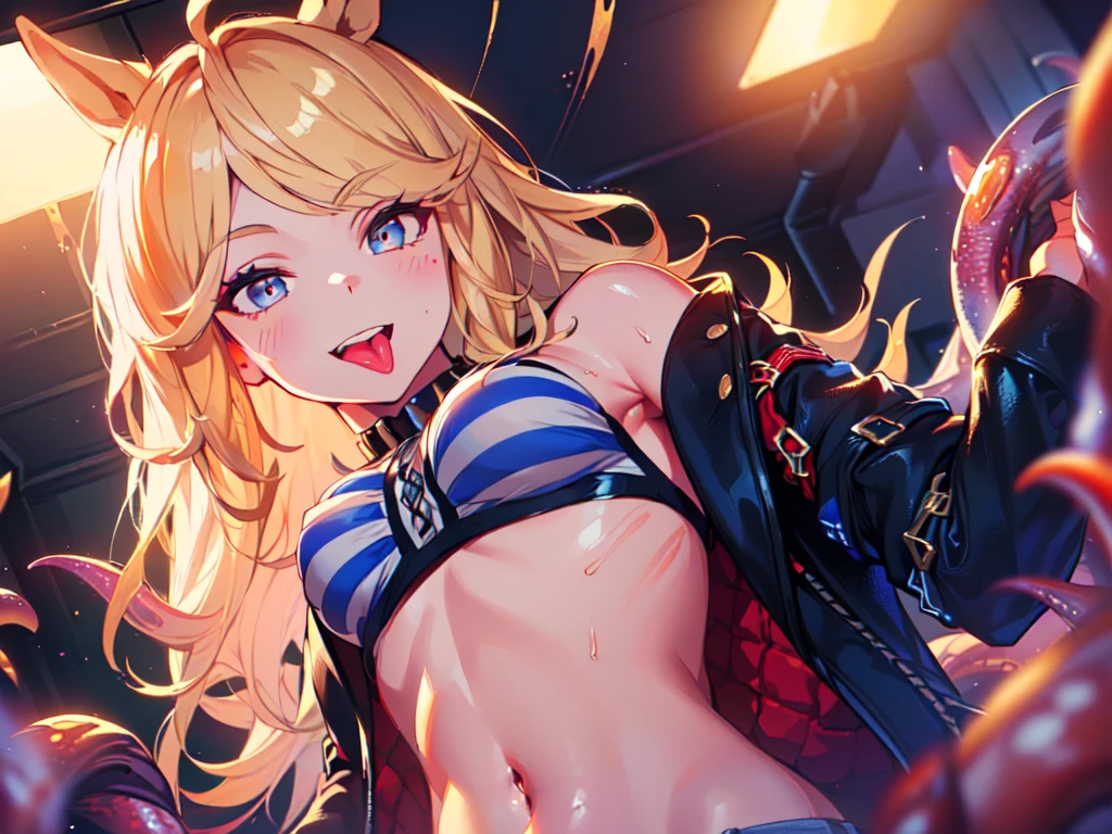One Girl、Orange Hair、blue eyes、White Line Gradient Hair、Bangs are straight,Detailed Background, masterpiece,Small breasts、 Highest quality, smile, ornament,Portraiture, Blue Neon, graffiti, Glowing Eyes, Highest quality, One Girl,((美しいOrange Hair色))、(Emerald blue eyes:1.5), , Yellow hair growing on the eye, (Large Breasts:1.2), break looking at viewer, break indoors, break (masterpiece:1.2), Highest quality,High resolution, (shape:0.8), (Beautiful and beautiful eyes:1.6), Highly detailed face, Perfect lighting, Detailed CG, (Perfect hands, Perfect Anatomy)、Wistful face、Haa、Embarrassing expression(1:2)、Rough I breatheing、(((Legs wide open)))、(((White Background)))、White Background、Red face、blush、Embarrassing、Vtuber model,whole body、Sweat、I breathe、(((Life-size model)))、panic、(((Platform boots)))、panic、((whole body))、Perfect hands、Perfect hands、Platform boots、Black patent leather tight jacket、Black patent leather tight skirt