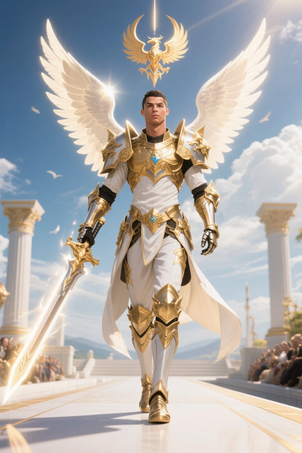 8k, masterpiece, best quality, realistic, higly detailed, 1angel, male deva angel, 42 years old deva angel, male, solo, Derek Manus, European features, dnd, d&d, dungeons and dragons, dungeons & dragons, rpg, ttrp, metallica silver skin, short straight blonde hair, white light shiny eyes, no shirt, viking golden skirt, laced sandals, golden armas armour, golden mace weapon, feathered wings, angel deva, male, metallic silver skin, short straight blonde hair