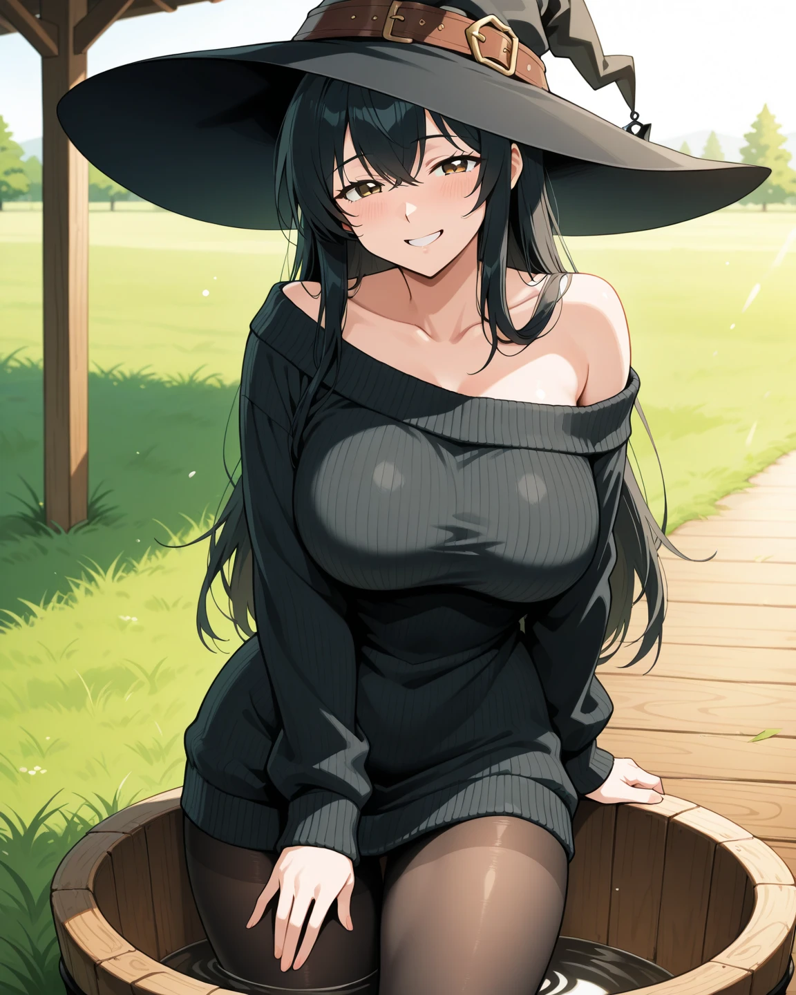 (masterpiece, 最high quality, 超High resolution, Very detailed), (Realistic:1.1, photoRealistic:1.4), Perfect illustration, Perfect lighting,Hair in perfect detail, Perfect and detailed face, Perfect collarbone, Perfect body,Juicy breasts, Perfect Thighs, Beautiful feet, View your viewers, 1 Girl,Perfect Face, (Perfect Anatomy, Anatomically correct), Symmetrical face、((Shiny Hair)),Sexy Body、(masterpiece),(最high quality：1.3),8k,Very clear,(Ultra-realistic),,Captivating woman,(high quality, High resolution, Fine details), Realisticなスタイルの女性,Juicy breasts、One perfect woman、Perfect Face、Symmetrical face、Baby Face、((Large Breasts))、Cleavage、blush、((Juicy lips))、Cowboy Shot、(((long black hair with luster)))、((Large, double-set black eyes、Long eyelashes))、((Red makeup))、(((Jet black dress)))、(((witch)))、(((tight black dress)))、(middle ages、in the forest)