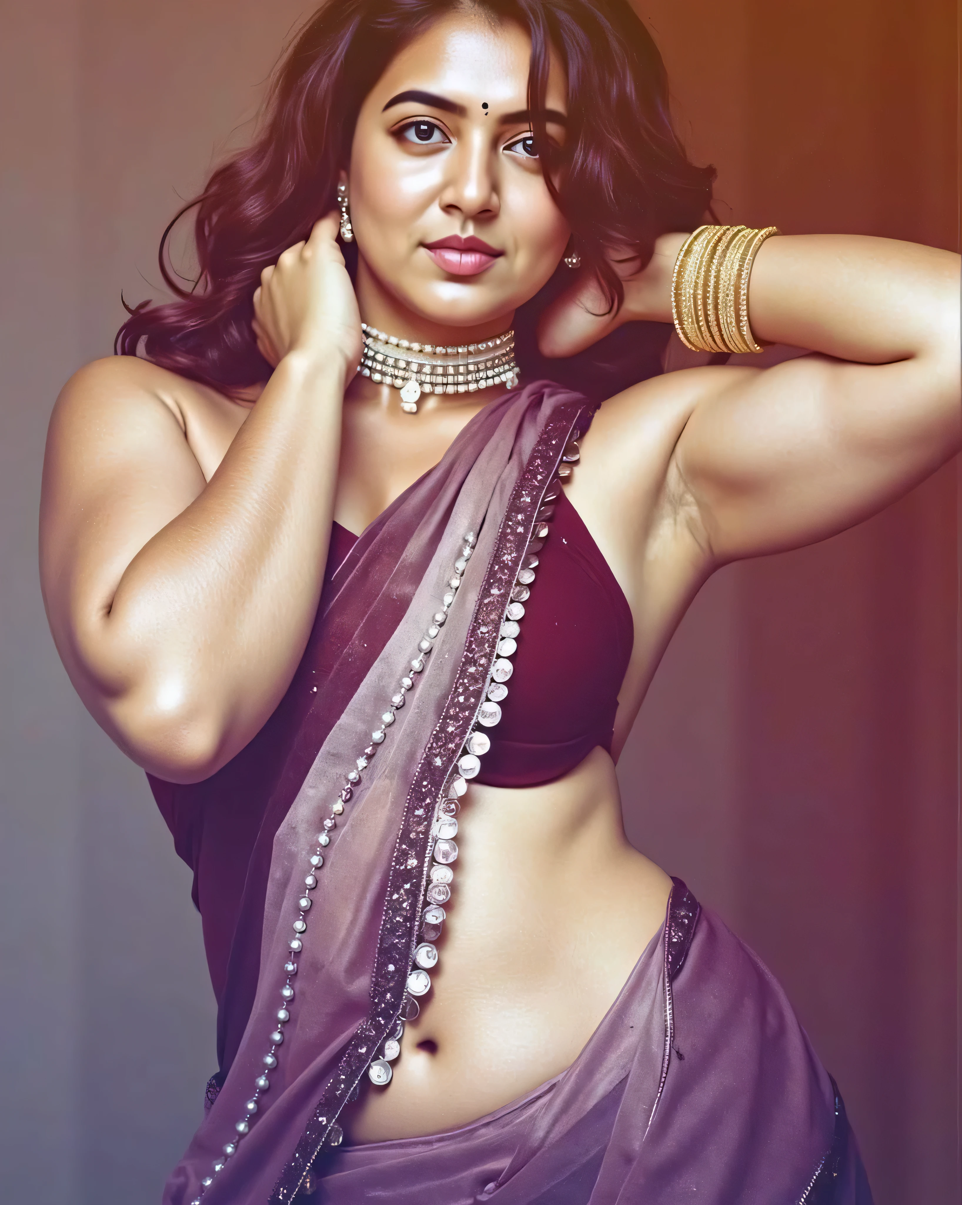 The image portrays a woman who exudes a captivating and seductive aura, her presence commanding attention with a blend of elegance and allure. She stands against a warm, softly lit background, her pose confident and sensual, with one arm raised and the other resting behind her head, accentuating the curves of her body.

She is dressed in a deep maroon saree that drapes sensuously over her form, the rich color complementing her skin tone and adding a layer of mystique. The saree is sheer and lightweight, with a subtle shimmer that catches the light, enhancing its luxurious appeal. The border of the saree is adorned with delicate, coin-like embellishments that jingle faintly with her movements, adding a playful yet enticing element to her look. The blouse beneath the saree is a matching maroon, sleeveless, and form-fitting, with a plunging neckline that highlights her décolletage and adds to the seductive vibe. The blouse appears to be made of a velvety fabric, its texture contrasting with the airy saree, drawing the eye to her toned shoulders and collarbone.

Her midriff is bare, revealing a soft, natural curve that adds to her sensual appeal. The skin on her abdomen glistens slightly, possibly with a hint of oil or sweat, enhancing the tactile allure of her look. A navel piercing with a small, dangling charm catches the light, drawing attention to her waist and adding a touch of boldness to her traditional attire.

Her accessories are carefully chosen to amplify her seductive charm. Around her neck, she wears a multi-layered pearl choker with a central gold pendant, the pearls gleaming softly against her skin and adding a regal yet provocative touch. The choker sits snugly, emphasizing the graceful curve of her neck. On her right wrist, she wears multiple gold bangles, intricately designed with floral patterns, their faint clinking adding to the sensory allure as she moves. Her hair cascades in loose, voluminous waves, framing her shoulders and adding a wild, untame