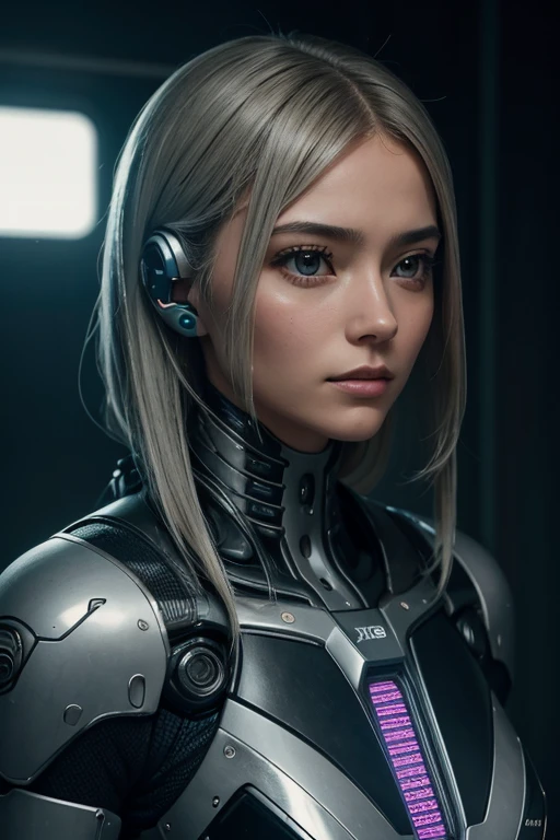 Ultra detailed mechanical cyberpunk female android center portrait, Looking into the camera, Convoluted, Elegant, The ultra -The high-definition, Smooth, Sharp Focus, non-blur, No degrees of freedom, Extreme illustration, Unreal、bustshot、13yo girl、silber hair、Perfectly round pupils、Irisディテールis amazing