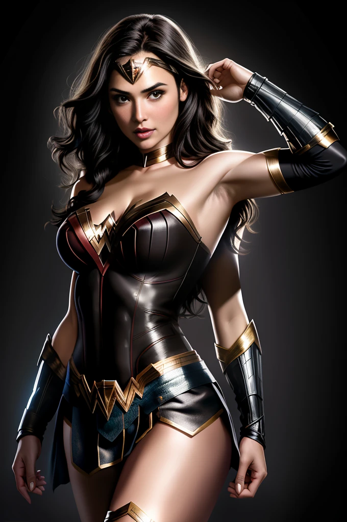 GAL GADOT AS WONDER WOMAN, ATHLETIC BODY, MUSCLES, looking at camera, gigantic breasts, cleavage, (high detailed skin:1.2), 8k uhd, dslr, super lighting, high quality, film grain, high res, highly detailed, hyper realistic, beautiful face, beautiful body, beautiful eyes nose lips, alluring expression, very bold, upper visible, full body photo, standing legs apart, pale translucent glowing skin, most beautiful face, cute, (dark plain black background:1.4))
