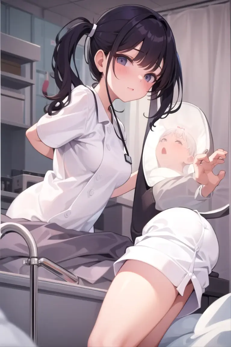infirmary, curtains, 1girl, nurse, white dress,, masterpiece, best quality, highly detailed