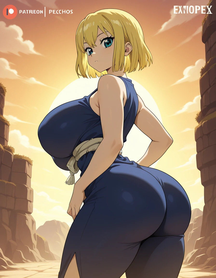 wide hips, from behind, huge ass, looking back, looking at viewer, blue one piece spandex suit, tied hair, large breasts, smile, lips, blue eyes