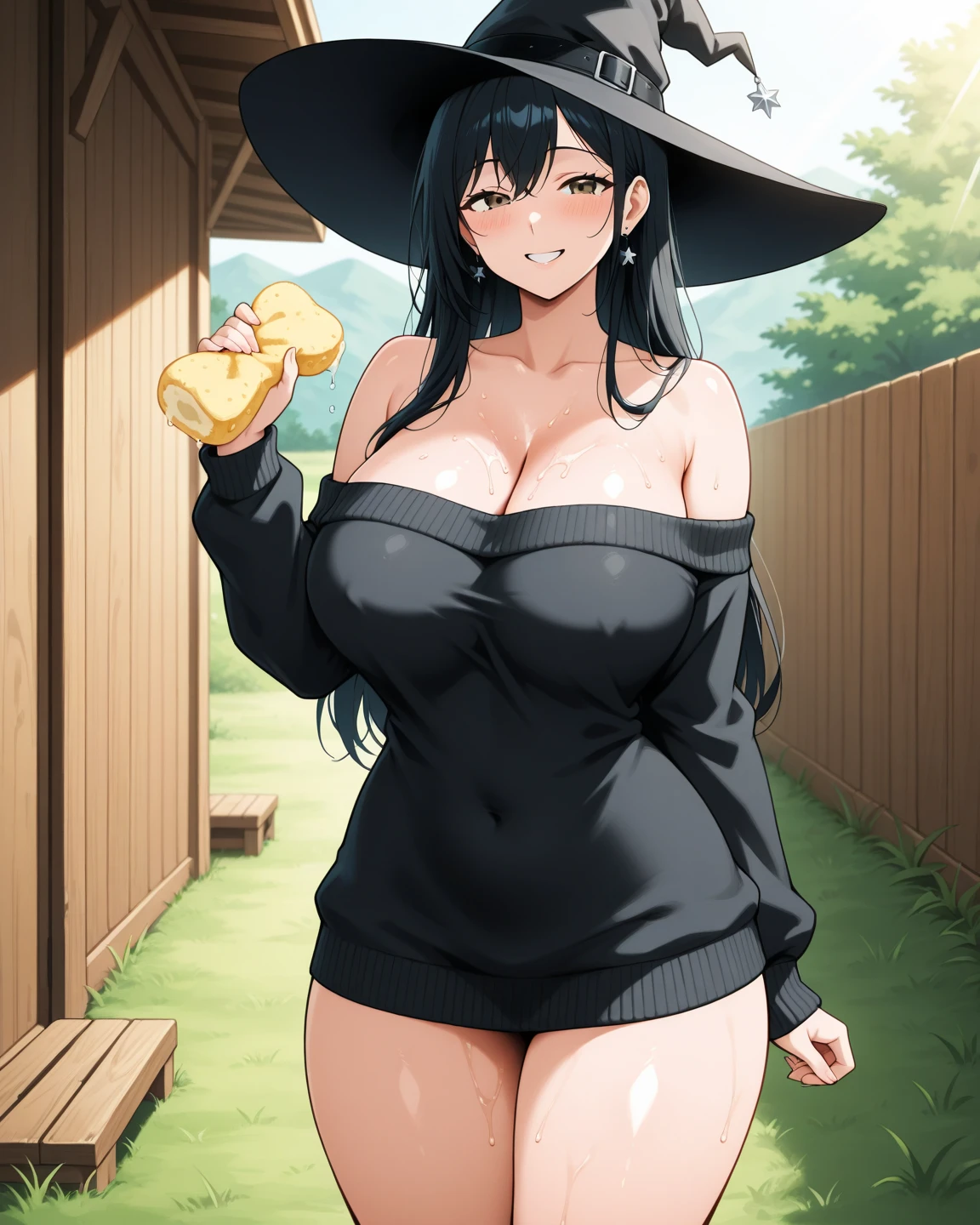 (((kipteitei art))), Masterpiece, high quality, best quality, beautiful, HD, perfect lighting, detailed face, detailed body, ((1girl)), ((solo)), medieval fantasy, fantasy village, long black hair, (fluffy hair), flowing hair, purple eyes, sly smile, smug, short black dress, belt across hip, witches hat, holding a green potion, ((small breasts)), cleavage, perky breasts, (((wide hips))), (((thick thighs))),