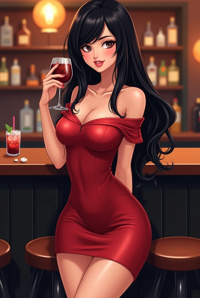 Create a stunning pink cartoon female character with red devil horns, a glass of wine in her hand and looking like a hot anime girl with cleavage
