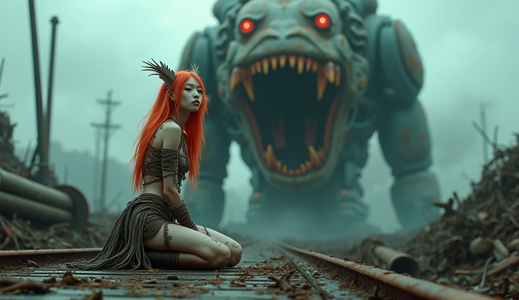 (Lamia: 1.0), 1 Girl, Solo, Long Hair, Braids, Dark Skin, Dark Skin Female, Scales, Full Body, Expressionless, Empty Eyes, Post Apocalypse, Crumbling City on Background, Portrait