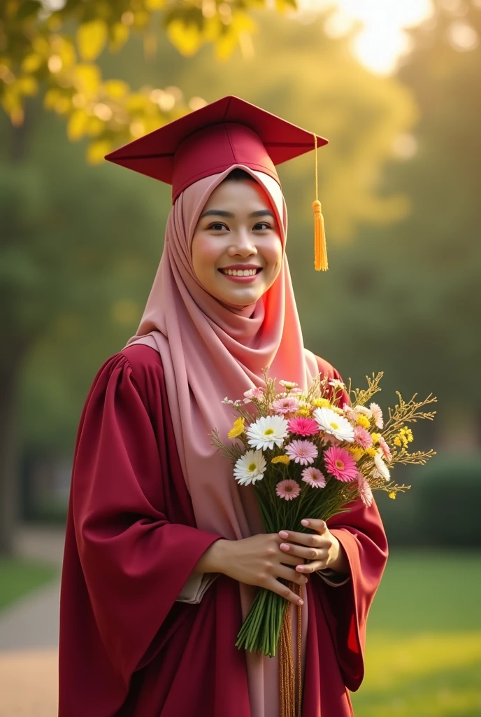 Consept art, A women,wearing hijab, wearing black graduation hat, in pink graduation gown, pink theme background, kawai theme background, leaf effect background, cute design, bright results