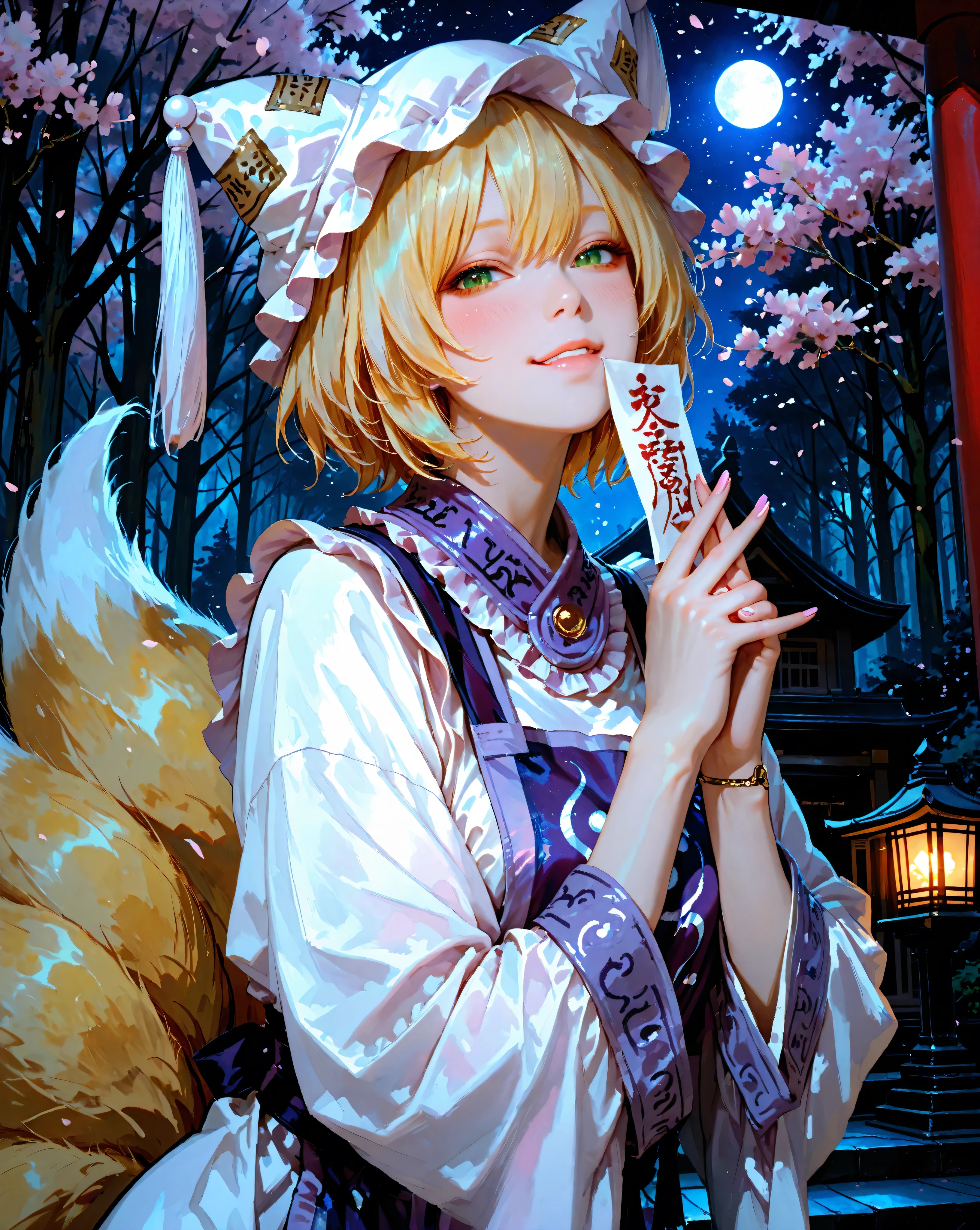 Quality: Score_9, masterpiece, ultra-detailed, ultra-quality, super-resolution, detailed-background,
Art Style: (photorealistic):1.4, (2.5D):1.5, (realistic lighting), (cinematic volumetric lighting), (ray tracing), (depth of field),vibrant pastel color palette, dramatic angle ,
Subject: (yakumo ran, touhou):1.5, 1girl, upper body, blush, (gentle smile):1.2, playful expression, green eyes,(looking at viewer):1.2, vivid eyes like being sucked in, delicate and moisturized lips, (blonde hair):1.3, (short hair):1.1,silky smooth texture, flowing like it flutters in the wind, natural shading and highlights, (fox ears), (nine fox tails), Natural and graceful hand pose, hand based on realistic human body structure, Transparent fingertips like being sucked in, Clearly defined joints, Detailed expression of the fingers:1.2, detailed-skin-texture, 
(standing pose):1.2, (hands clasped in front):1.3, (arms crossed in front):1.2,(expansive fox tails):1.4, (prominent tails):1.3, (stable posture):1.0, (slightly leaning forward):0.8,
Clothing:  (yakumo ran's outfit):1.5, (white and purple traditional clothing):1.4, (long flowing sleeves):1.3, (decorative collar):1.2, (obi):1.1, (white dress):1.0, (purple apron dress):1.0, (hat with paper talismans):1.5, (gohei in hand):1.2, (traditional japanese clothing):1.1,
Background: (traditional Japanese garden):1.2, (shrine):1.1, (forest):1.0, (cherry blossoms):0.8, (night sky),:0.7 (glowing lanterns):0.8, (moonlight), (fantasy setting):0.7,