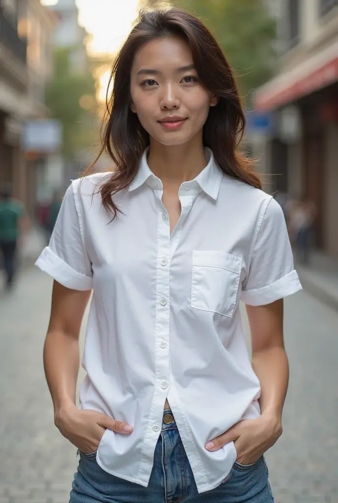 (masterpiece), (extremely intricate:1.3), 1girl, 30 year old, (realistic), (caucasian), ((perfect lips)), ((perfect nose)), (((perfect fingers))), (((perfect eyes))), (black hair),short hair, ((Emerald green eyes)), (wearing white Shirt and jeans), intense sunlight, professional photograph of a stunning woman detailed, sharp focus, dramatic, award winning, cinematic lighting, volumetrics dtx, (film grain, blurry background, blurry foreground, bokeh, depth of field, sunset),interaction, ((confident)),(Pose:looking at the camera)