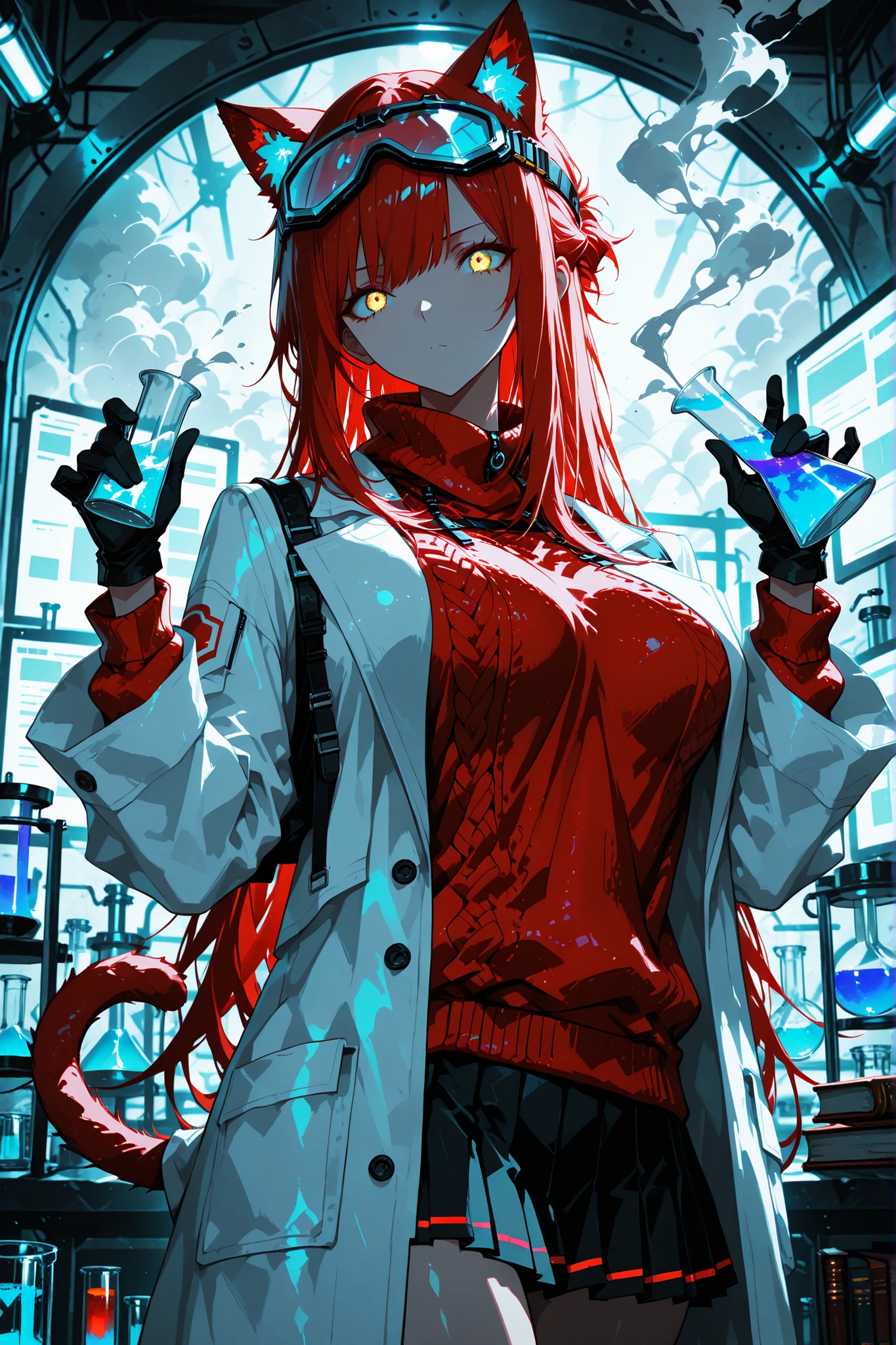 (EyesHD:1.2), masterpiece, best quality, ultra-detailed, very aesthetic, sharp focus, depth of field, vibrant colors, ray tracing, best lighting, detailed illustration, detailed background, cinematic, beautiful face, beautiful eyes, masterpiece, best quality, newest, highres, safe, 1 girl ,golden eyes , very long hair , long sidelocks, red hair ,half updo, petite , very cute , beautiful ,Straight hair, cat ears, fluffy cat tail, cool, handsome, hair ween eyes, mediumlarge breast, cool, beautiful, solo,748cmstyle, lab explosion, beakers, goggles on head, unkempt hair, glowing potions, chaotic background, wild expression, ink splatter style, colorful chemicals, books, cluttered lab, smoke, intense lighting, gloves, flask pouring, looking at object, holding beaker, glass containers, dangerous experiments, modern laboratory, mist, fog, foam, loose fit lab coat, knitted sweater, pleated skirt