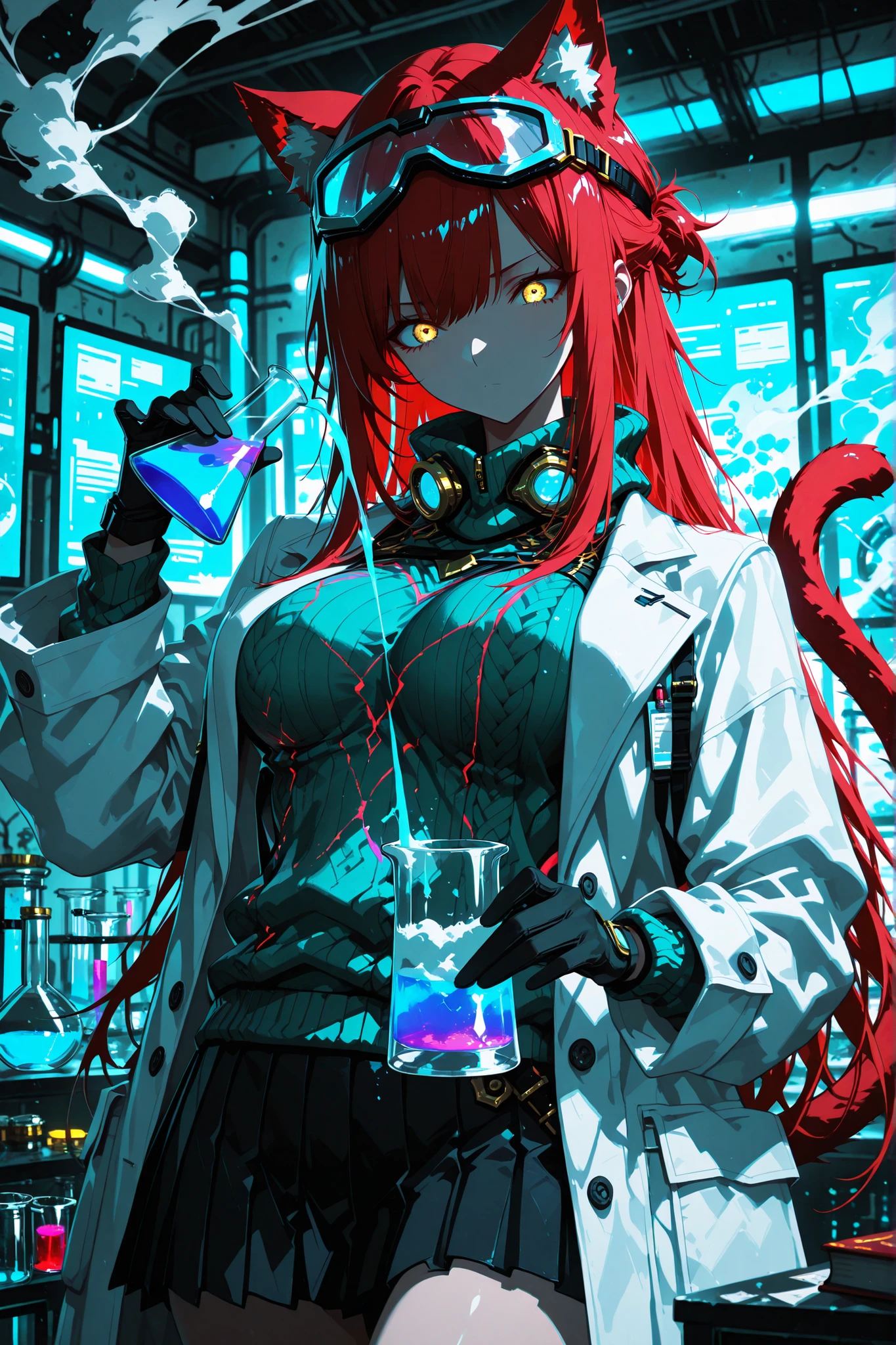 (EyesHD:1.2), masterpiece, best quality, ultra-detailed, very aesthetic, sharp focus, depth of field, vibrant colors, ray tracing, best lighting, detailed illustration, detailed background, cinematic, beautiful face, beautiful eyes, masterpiece, best quality, newest, highres, safe, 1 girl ,golden eyes , very long hair , long sidelocks, red hair ,half updo, petite , very cute , beautiful ,Straight hair, cat ears, fluffy cat tail, cool, handsome, hair ween eyes, mediumlarge breast, cool, beautiful, solo,748cmstyle, lab explosion, beakers, goggles on head, unkempt hair, glowing potions, chaotic background, wild expression, ink splatter style, colorful chemicals, books, cluttered lab, smoke, intense lighting, gloves, flask pouring, looking at object, holding beaker, glass containers, dangerous experiments, modern laboratory, mist, fog, foam, loose fit lab coat, knitted sweater, pleated skirt