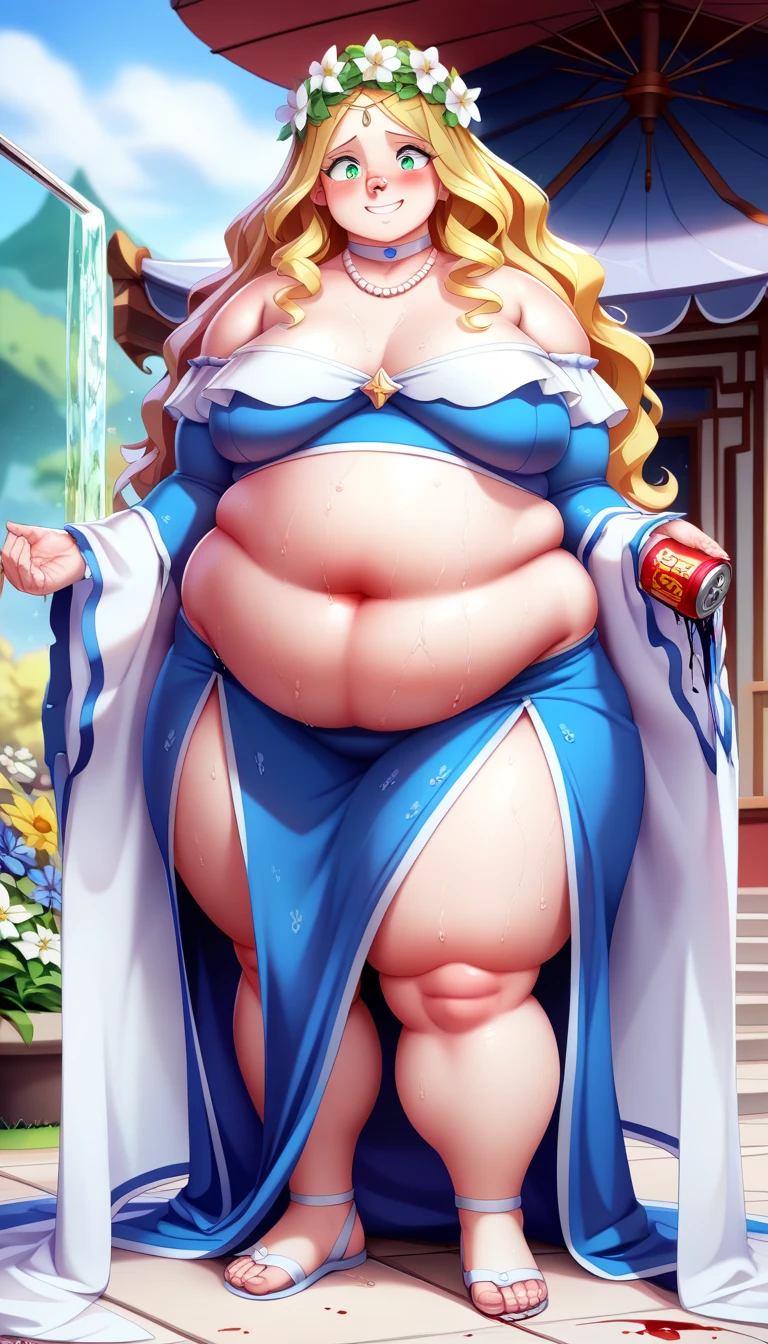 (best quality, highres), ultra-detailed, realistic, oil painting, vibrant colors, warm lighting, fantasy, enchanting, mystical, lush garden, flowing robes, elegant posture, aged face, serene expression, intricate patterns, glowing staff, arcane symbols, floating orbs, spellcasting, magical aura, magical creatures, wisps of magic, sparkling dust, ethereal atmosphere, full body, half elf, female, blonde, blue eyes, fat, obese, magical, wizard, dress, fully clothed, wide hips, big belly, cleric