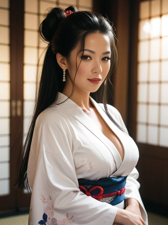 （Realistic, photo-Realistic:1.37),(8k, RAW Photos, Highest quality, masterpiece:1.2), cute, Ultra-detailed, 超High resolution, Kodak Vision Color, Filmed with an Arricam LT camera,Highest quality, sexy、Nipples are visible、Cleavage、Lively, 8K, High resolution, 1 girl, Escape, (Professional Lighting), (Portraiture:0.6), Moss-covered Japanese garden、Japanese roofing tiles、Climb onto the tiled roof、Running on the roof、full moon、night、moonlight、Tie your hair up、Bun Head、Japan House、Ninja House、Smile、Black Hair, (Medium Hair）,21 years old、slender、With a ninja sword、Japanese，Medium Hair、(RAW shooting, Photorealistic:1.5, 8k, Highest quality, masterpiece, 超High resolution), Sengoku, 火 thing, War 火s raging everywhere:1.3, Perfect dynamic composition:1.2, Highly detailed skin and facial textures:1.2, Slim female ninja holding a sharp dagger:1.3, Fight:1.2, beautifully、aesthetic, キュートでsexyな美女, Perfect Style:1.2, Wear an exquisite ring, Fair skin, Very beautiful face, A faint smile, (Wearing a turtleneck ninja outfit),  Cowboy Shot, No mask, ninjitsu pose, Neon Light, ninjitsu style, Magic Light, Chakra Light, aura
