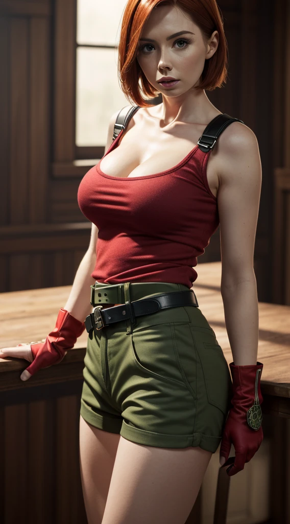 (masterpiece, highest quality:1.2, 8k, Ultra-high resolution), RAW Photos, Professional Lighting, cinematic Lighting, realistic photograph, 1 girl, solo, alone, realistic portrait of Rebecca Chambers, (brown, very short hair style), (ultra slim waist, perfect slim model body), (choker, green tank top, harness, fingerless gloves, green long pants, gun belt, boots), (big eyes, Ultra-realistic double eyelids, Ultra-detailed double eyelids), (((ultra huge breasts, ultra huge cleavages, ultra huge tits, ultra huge boob))), detailed face, detailed eyes, fine eyes, perfect eyes, ultra realistic & ultra detailed skin texture, (resident evil mansion background 1996, ultra realistic interior of entrance in resident evil’s mansion, ultra detailed interior of entrance in resident evil’s spooky mansion, red carpet floor), (dark atmosphere), (nsfw:1.2), (put your hands up, visible ultra detailed shaved armpits, exposed ultra realistic shaved armpits, disclosed ultra realistic shaved underarms, showing ultra detailed shaved underarms),