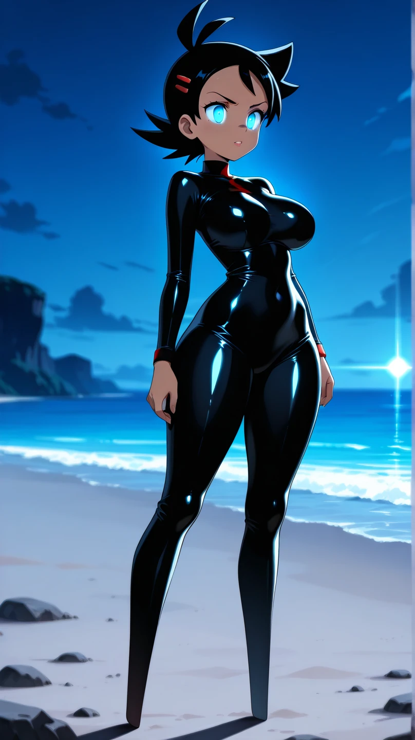 arafed woman in a bikini posing on a beach near the ocean, metal bikini, shiny plastic bikini, realistic bikini, black hair goddess, cute black bikini, photorealistic perfect body, shiny white skin, swimsuit, white silver bikini, shiny silver, cutesexyrobutts, bikini armour, wet swimsuit, thicc, 2 b, 2b