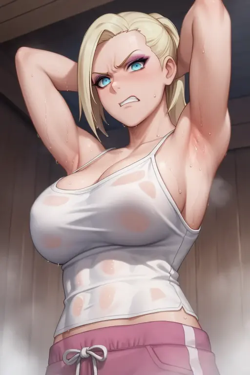 1girl,japanese,gyaru,half up hair,see-through one-piece-swimsuit,nsfw ,erectile nipples,pussy,,shy, glaring,surround many fundoshi boys,