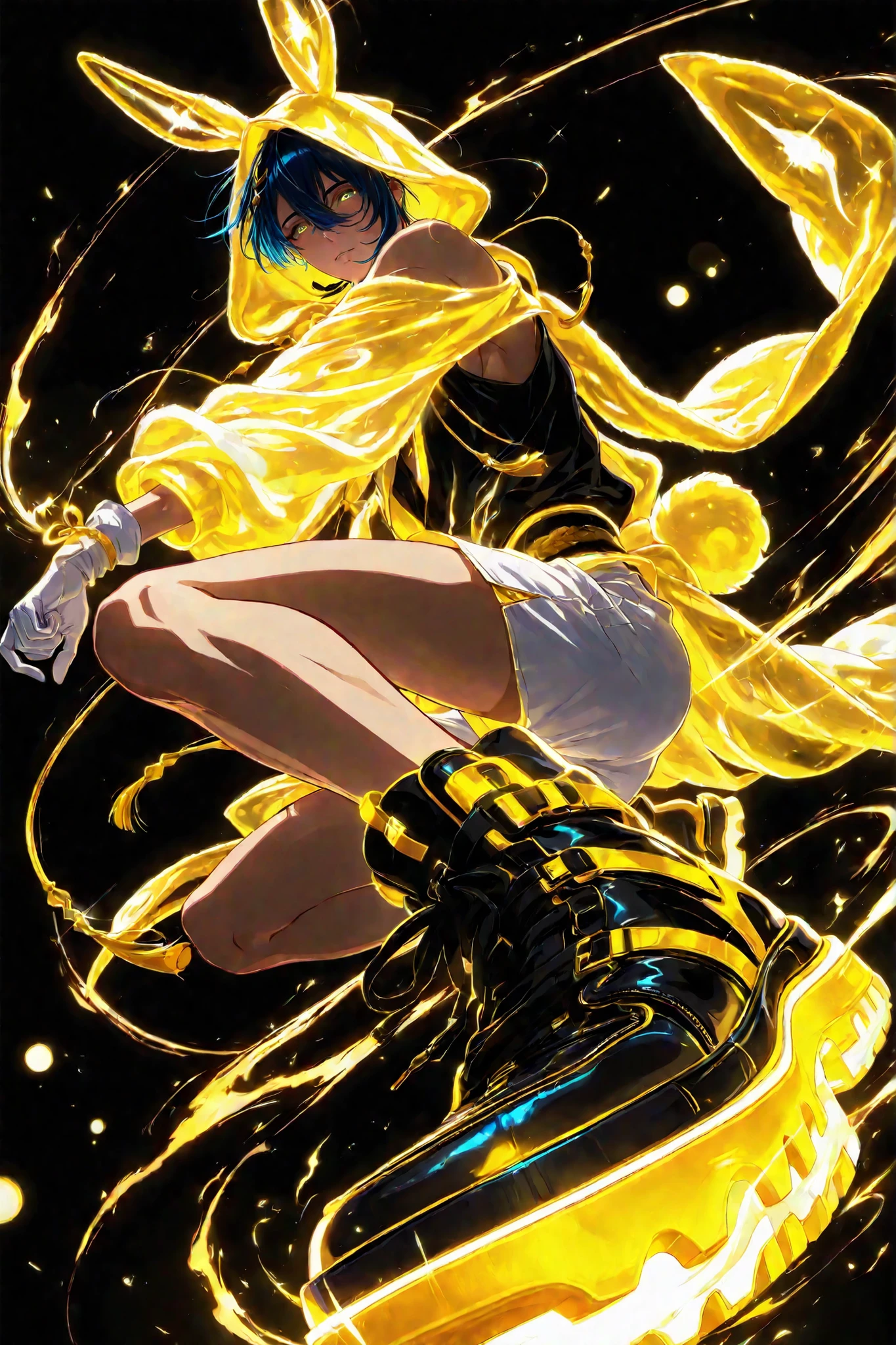 neon art, neon lineart, blue neon lineart, neon silhouette, silhouette, neon colors, glowing, glow effect, bright outlines, vibrant colors, high contrast, dark background, digital art, 1 man, adult, ,mikazuki munechika, touken ranbu, solo, blue hair, blue yellow eyes, handsome, sexy man, sensual, ,solo, nonchalant, male cool clothes, cool fashion, intricate clothes, intricate accessories, intricate patterns, cool, stylish, black top, bare shoulders, hood, rabbit hood, hood up, hood with neon trims, white shorts, shorts with neon trims, sneaker, black sneaker, single glove, white glove, solo, glowing eyes, looking at viewer, dynamic shot, dynamic view, dynamic composition, dynamic action pose, ((dynamic pose, foreshortening:1.3)), yellow aura, motion lines, action scene, motion blur, bokeh, glittering, sparkling, (((black background)))