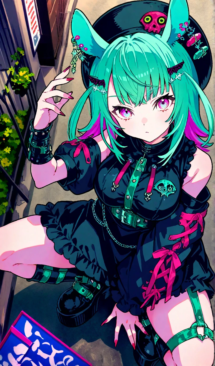 neon_pop art style, retro art style, art style,manga style,classical,art by Akira Toriyama, 1girl,slender ,cat ears,straight long green hair,light green eyes, ,medium breasts,soft expression,smile,blush,serioes eyes,

BREAK

wearing a jacket, purple t-shirt, short shorts jeans, latex leggings,
sitting in a living room,detailed livingroom background,couch, front view ,arms extented aprat,looking at viewer,cowboy shot,volumetric light,studio lighting,lanse flare abuse,38 mm photograph.