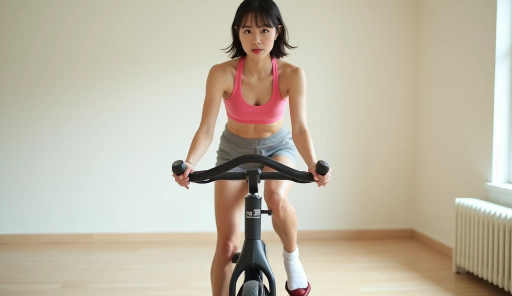 1girl, Running, gym, tight light pink workout clothes,