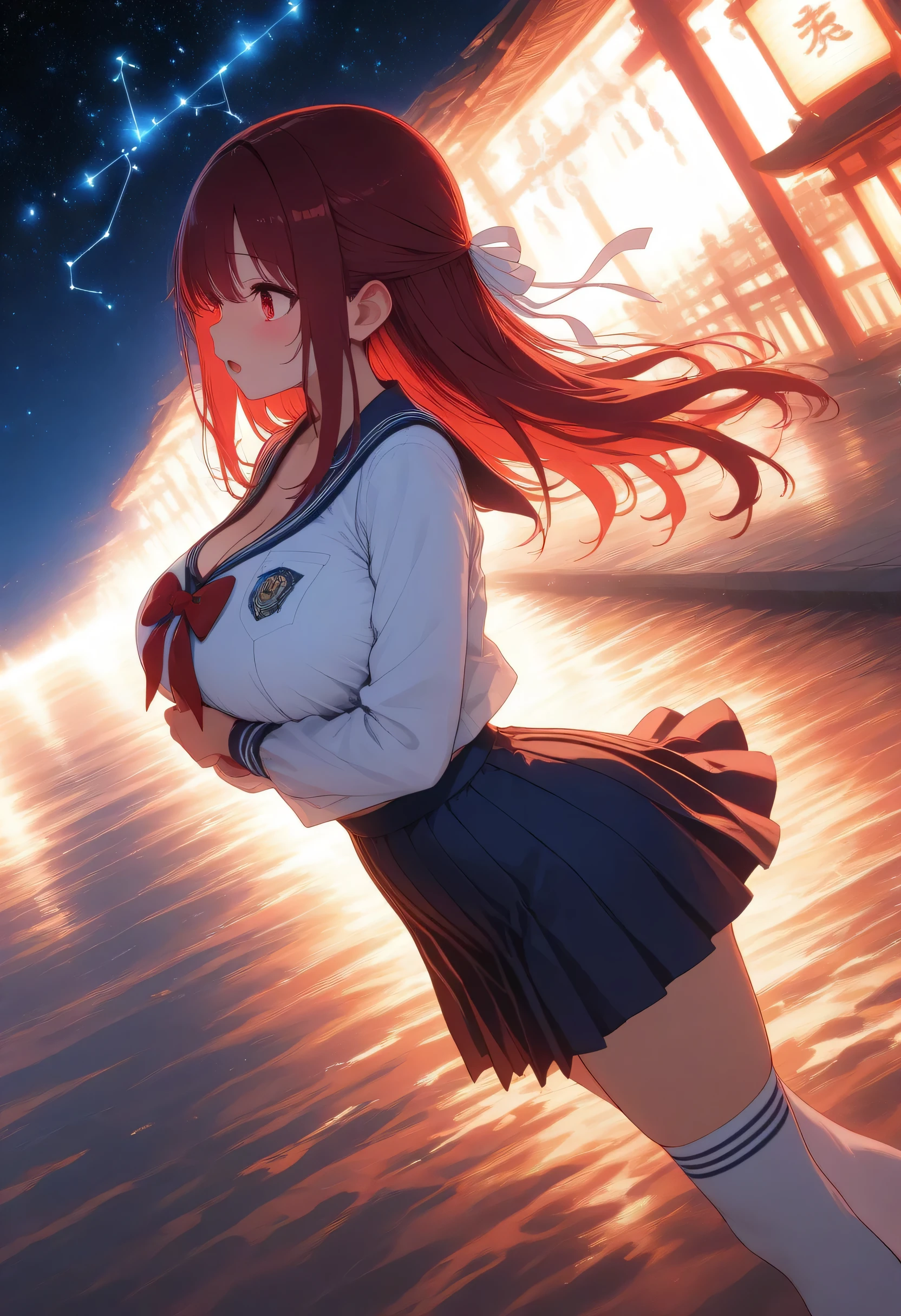 (High quality, High resolution, Fine details), crimson clouds surrounding the moon, (woman in sailor school uniform on a red full moon night:1.2), silhouette of tall buildings in the background, (deep blue sky), clear bright moon, (sailor suit), (short pleated skirt), BREAK white collar, BREAK red bow, BREAK white long socks, BREAK black shoes, solo, curvy women, Flowing red Hair, sparkling eyes, (Detailed eyes:1.2), smile, blush, Sweat, Oily skin, shallow depth of field, soft moonlight, faint shadow cast behind her, gigantic breasts, giga_busty, fakebreasts