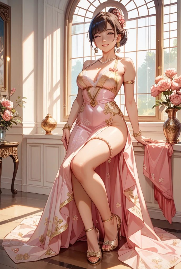 a woman in a pink dress standing in front of a flowery background, a pastel by Marie Bashkirtseff, cgsociety contest winner, rococo, fantasy dress, extravagant dress, intricate fantasy dress, magical dress, wearing a pink ballroom gown, romantic dress, intricate gown, fantasy long intricate gown, pink dress, dressed in a pink dress, intricate dress