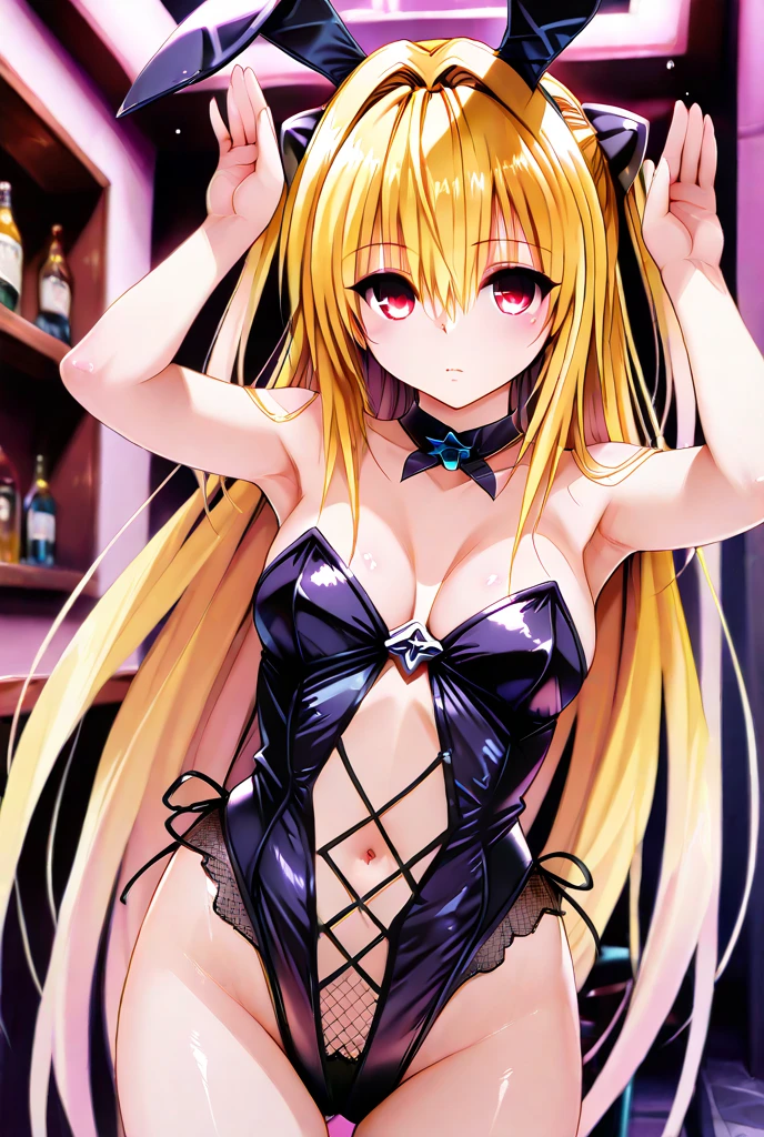 NSFW,masterpiece,Highest quality,High resolution,Very detailed,Golden Darkness\(To Love-Ru\),Blonde,Red eyes,long hair,Two Side Up,Small breasts,Black Dress,Sleeveless,Removable sleeves,belt,Cleavage cutout,Cutouts for clothes,Thigh straps,Knee socks,hair ornaments,(Lustful face),expectant face,blush,Night School,classroom,machine,(Seduce),Leaning forward,machineに手を着く,From the back,sexual excitement,Stick your butt out,My crotch is wet,Grab the waist