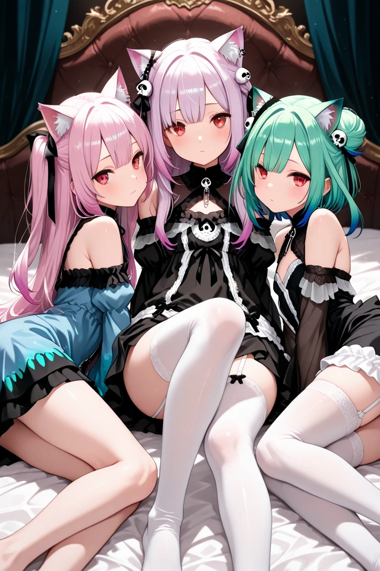nsfw,Two Girls,Nipples,ffm, lying down,Lift both legs,Sex,panties,penis,Light blue hair,Light pink hairstyles,Cat ear,Pink Eyes,light blue lolita,White socks,,Pink ribbon,Laughing with your mouth open,Best image quality,Highest quality